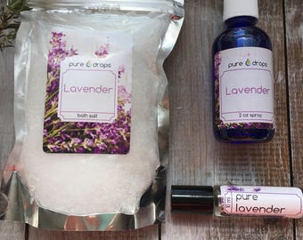 Lavender-Lover-Essential Oil Package-Pure Drops-Mother's Day-Spa Package-Lavender Spray-Lavender Bath Salts-Lavender Essential Oil Roller