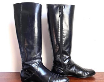 Botas altas de piel negra vintage con cremallera de Salvatore Ferragamo, talla 9 1/2 B