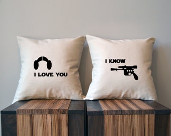 I love you I know, Star Wars Pillow Cover Set, Leia, Han Solo, SOLO, Star Wars Wedding,Star Wars Gift, Star Wars Decor, Anniversary Gift