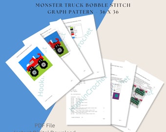 Monster Truck Bobble Stitch Graph Pattern - 36 x 36, Crochet Pattern, C2C, Popcorn Stitch, Digital Download, PDF File