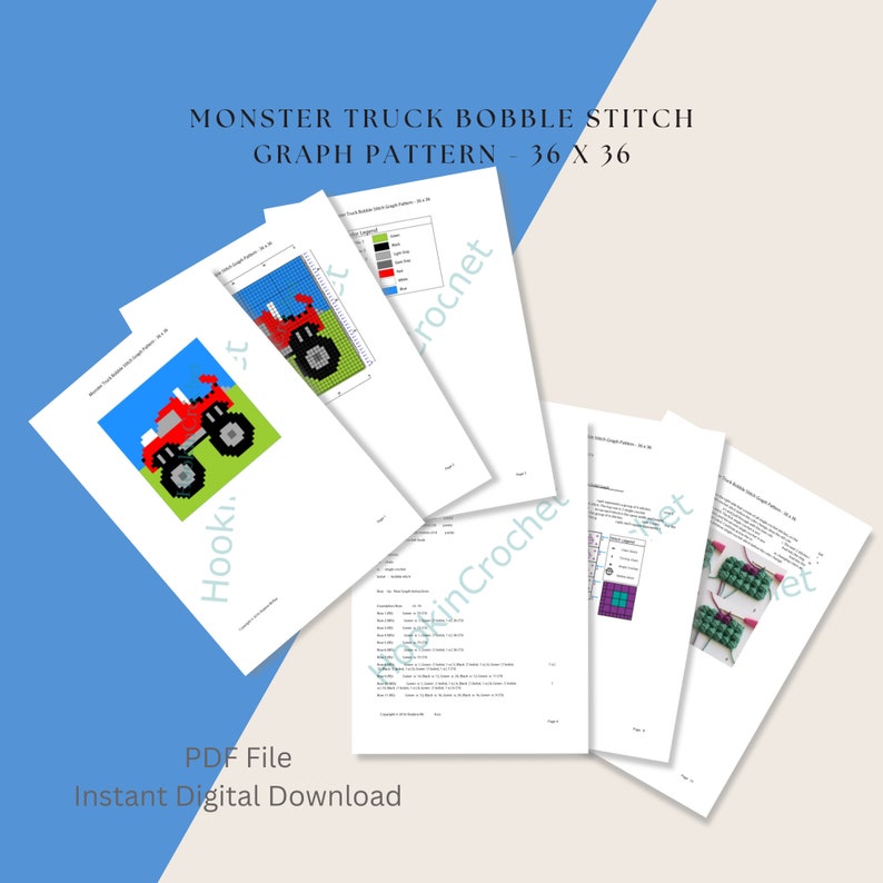 Monster Truck Bobble Stitch Graph Pattern - 36 x 36, Crochet Pattern, C2C, Popcorn Stitch, Digital Download, PDF File