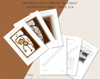 Monkey Cot/Crib Single Crochet Blanket Graph Pattern - 130 x 234, Modèle de crochet, Singe mignon, Téléchargement numérique, Fichier PDF
