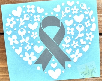 Floral Heart Cancer Ribbon - Brain Cancer - Gray Ribbon - Awareness Decal - Cancer Awareness - Vinyl Sticker