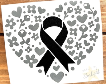 Floral Heart Cancer Ribbon - Melanoma - Skin Cancer - Black Ribbon Decal - Awareness Decal - Cancer Awareness - Vinyl Sticker