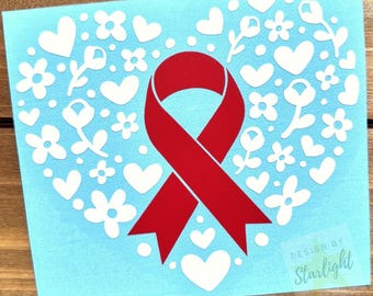 Floral Heart Disease Awareness Ribbon - Cardiovascular - Heart Health - Red Ribbon - Awareness Decal - Cancer Awareness - Vinyl Sticker