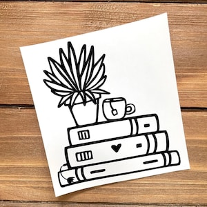 Books with Plant & Tea Decal - Book Decal - Reading Decal