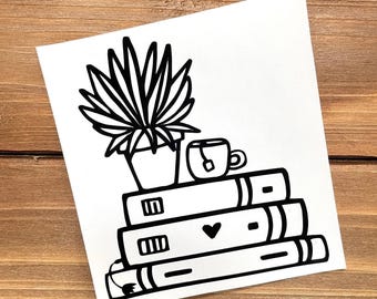 Books with Plant & Tea Decal - Book Decal - Reading Decal