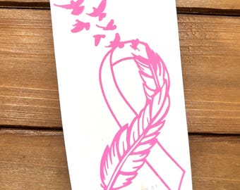 Feather Cancer Ribbon - Breast Cancer - Women's Health - Survivor - Pink Ribbon - Awareness Decal - Cancer Awareness - Vinyl Sticker