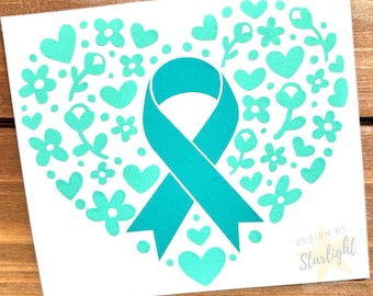 Floral Heart Cancer Ribbon - Ovarian Cancer - Teal Ribbon - Awareness Decal - Cancer Awareness - Vinyl Sticker