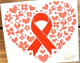 Floral Heart Cancer Ribbon - Leukemia - Kidney Cancer - Orange Ribbon - Awareness Decal - Cancer Awareness - Vinyl Sticker