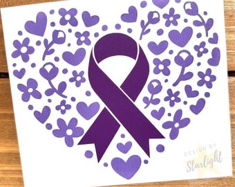 Floral Heart Cancer Ribbon - Pancreatic Cancer - Lupus - Purple Ribbon - Awareness Decal - Cancer Awareness - Vinyl Sticker