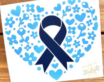 Floral Heart Cancer Ribbon - Colorectal Cancer - Colon Cancer - Diabetes Awareness - Blue Ribbon - Awareness Decal - Cancer Awareness