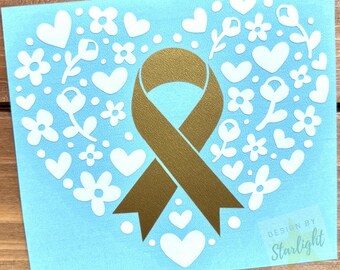 Floral Heart Cancer Ribbon - Childhood Cancer - Gold Ribbon - Awareness Decal - Cancer Awareness - Vinyl Sticker