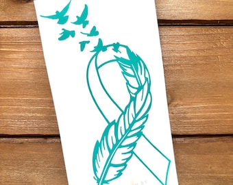 Feather Cancer Ribbon - Ovarian Cancer - Teal Ribbon - Awareness Decal - Cancer Awareness - Vinyl Sticker