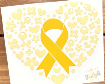 Floral Heart Cancer Ribbon - Bone Cancer - Yellow Ribbon - Awareness Decal - Cancer Awareness - Vinyl Sticker