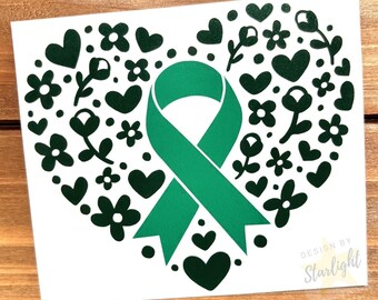 Floral Heart Cancer Ribbon - Kidney Cancer - Liver Cancer - Gallbladder Cancer - Green Ribbon - Cancer Awareness - Vinyl Sticker