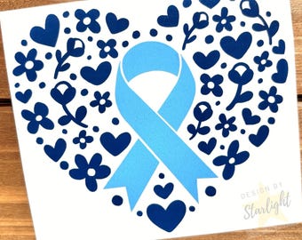 Floral Heart Cancer Ribbon - Prostate Cancer - Light Blue Ribbon - Awareness Decal - Cancer Awareness - Vinyl Sticker