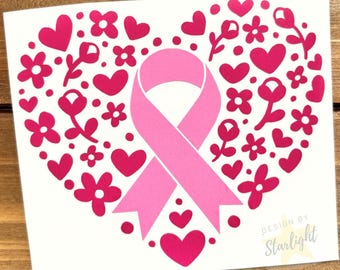 Floral Heart Cancer Ribbon - Breast Cancer - Women's Health - Survivor - Pink Ribbon - Awareness Decal - Cancer Awareness - Vinyl Sticker