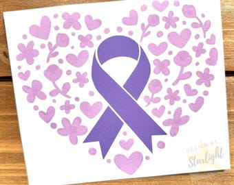 Floral Heart Cancer Ribbon - All Cancer - Lavender Ribbon - Awareness Decal - Cancer Awareness - Vinyl Sticker