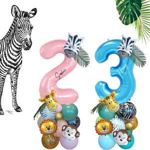 Personalised pink blue sage green jungle safari balloon stand bouquet for girls boys birthday party decoration 1st lion zebra giraffe monkey