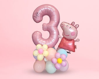 Personalised large peppa pig baby pink 40inch number standing balloon flowers bouquet, no helium girls children kids 1st birthday party