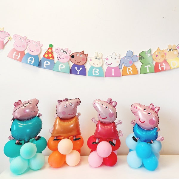 Petit bouquet de ballons d'amis de la famille Peppa pig, guirlande de fanions d'anniversaire, pas d'hélium filles enfants 1er anniversaire