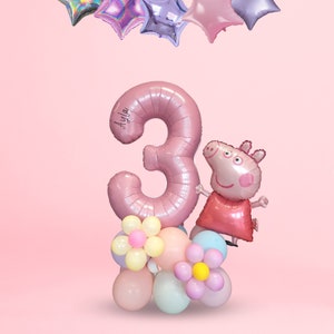 Personalised large peppa pig baby pink 40inch number standing balloon flowers bouquet, no helium girls children kids 1st birthday party image 1