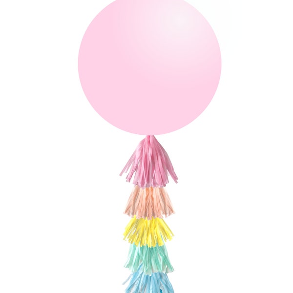 Specially designed pastel pink giant 36inch balloon with rainbow balloon tail, paper tassel garland birthday wedding children kids party