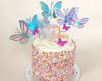 Handmade iridescent butterfly cake toppers with 2 choices pink or rainbow happy birthday acrylic cake decoration girl birthday decoration