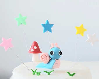 Handmade cute snail, stars and mushroom cake toppers children birthday design reusable and fun