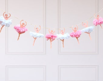 Specially designed girls ballerina ballet dancer dancing happy birthday decoration bunting garland pink and white pompom flowers with gems