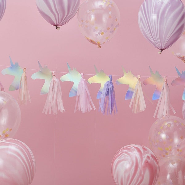 Unicornio mágico iridiscente, hadas, cuento de hadas, borlas de papel rosa púrpura, banderines de fiesta, guirnaldas, globos, decoración de cumpleaños para niñas