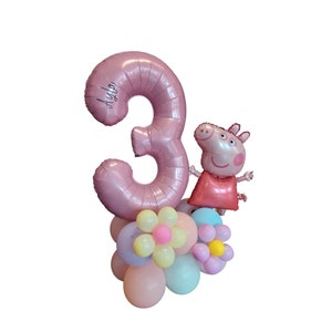 Personalised large peppa pig baby pink 40inch number standing balloon flowers bouquet, no helium girls children kids 1st birthday party image 4