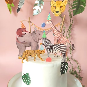 Special designed jungle forest animal cake topper leaf party paper bunting banner garland kids children boys girls natural birthday decor