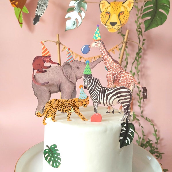 Special designed jungle forest animal cake topper leaf party paper bunting banner garland kids children boys girls natural birthday decor