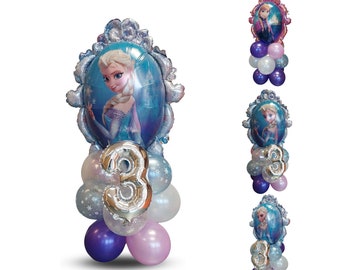 Double sided 35inch mirror Frozen Elsa Anna 16inch silver number sculpture confetti balloon bouquet no helium girls children birthday party