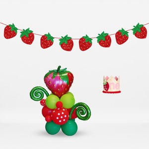 Personalised sweet one two strawberry red and green bunting garland standing balloon bouquet no helium girl children kids 1st birthday party