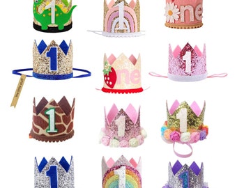 Baby kids 1st first Birthday crown hats handmade soft cake smashing accessories boys girls rainbow blue pink purple giraffe animal dinosaur