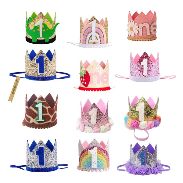 Baby kids 1st first Birthday crown hats handmade soft cake smashing accessories boys girls rainbow blue pink purple giraffe animal dinosaur