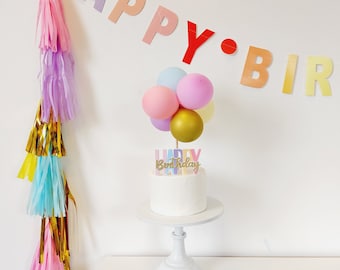 Pastel gold rainbow balloon cake topper happy birthday banner garland bunting paper tassels tail eco friendly birthday party decorations