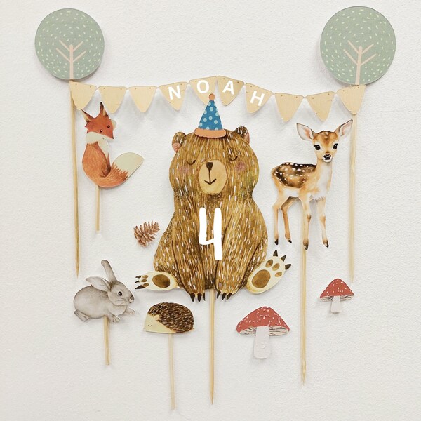 Special designed forrest animal bear woodland oak tree cake topper leaf party paper bunting banner garland kids children boys girls birthday