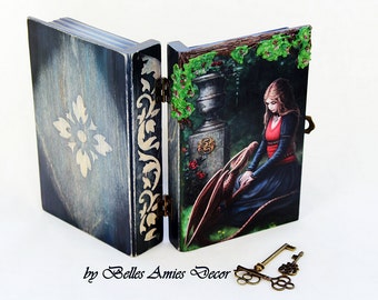 Wooden jewelry box book with dragon, fantasy gift for teenage girls, gothic cute keepsake for niece, birthday gift daughter or granddaughter