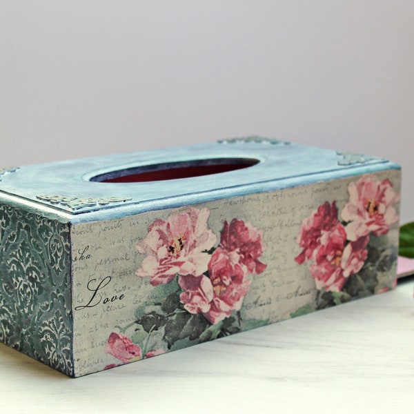 Tissue box cover roses, cottage chic wooden tissue box holder, elegant shabby home office decor, romantic floral gift for mother or wife