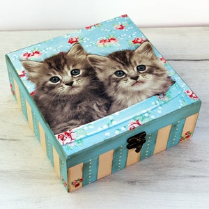 Boîte à bijoux pour chatons, jolie boîte à souvenirs pour filles, boîte à thé en bois personnalisée, cadeau pour amoureux des chats pour femme, cadeau cottage chic d'une sœur