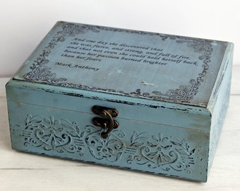 Blue Personalized Tea box, favorite quote gift, gift for teacher, custom writing home decor