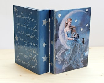 Celestial fantasy box book, Wooden Jewelry Box Blue fairy, cute gift idea for girls and teenagers, gift from grandmother or aunt