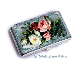 Cigarette case, business card case, business card holder, cigarette holder, gift for women smokers, gift boss retro, cottage chic roses blue