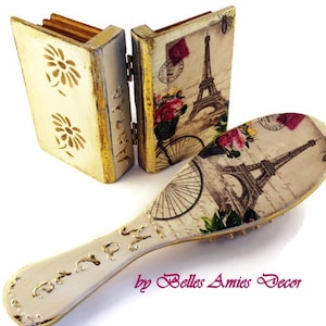 Small wooden jewelry box book, wooden hair brush, engagement ring box, Paris gift set, personalized Eiffel tower gifts for granddaughter