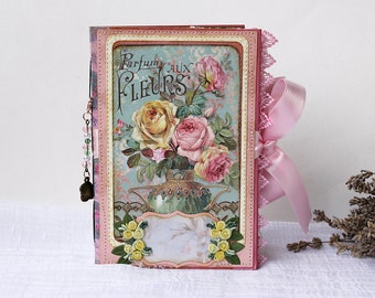 Handmade retro chic junk journal in with pink and yellow roses, travelers notebook with pockets, diary for women who love to write cute gift