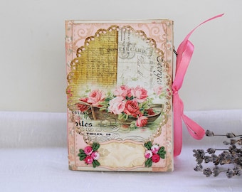 Small handmade retro chic junk journal with roses, mini shabby travelers notebook, pocket size diary for women who love to write, niece gift